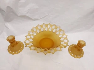 WESTMORELAND DORIC LACE FROSTED SATIN AMBER FOOTED GLASS DISH + 2 Candle holders - Picture 1 of 13