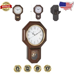 Classic Faux Wood Pendulum Wall Clock with Golden Accents and Chime - Picture 1 of 7