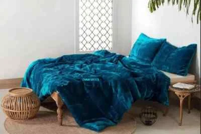 Linda capa de edredom de veludo esmagado cor azul, edredom boho 3 peças conjunto de cama - Imagem 1 de 4
