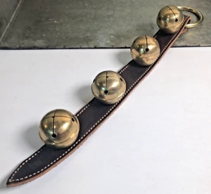 Belsnickel Solid Brass 4 Sleigh Bells on Brown Leather Door Hanger 17" Amish USA - Picture 1 of 9
