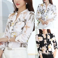 Women Chiffon V-neck Floral Print Shirts Long Sleeve Casual Office Blouses Tops