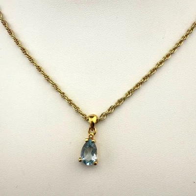 Collar tono dorado con topacio azul lágrima colgante cadena cuerda Foto 1 de 4