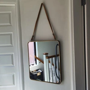Vintage Art Deco style metal edge Hanging Mirror Rectangle On rope - Picture 1 of 23