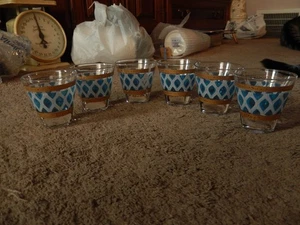Fred Press Set Of 6 1950s Shot Glasses, Gold And Blue Diamond Teardrop SIGNED - Picture 1 of 16
