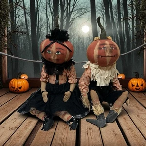 Vintage Joe Spencer Gathered Traditions Pierre & Pauline Pumpkin Dolls Halloween - Picture 1 of 13