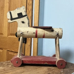 RARE Vintage 1934 Fisher Price Wheel Horse Pull Toy Wood Round Body Pony - Picture 1 of 23