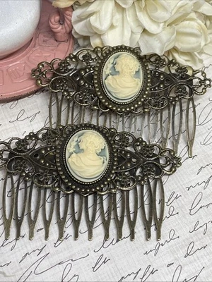 Pair Bronze Barrette Jewelry Hair Combs Cameo Wedding Greek Goddess Viking Gift - Image 1 of 4