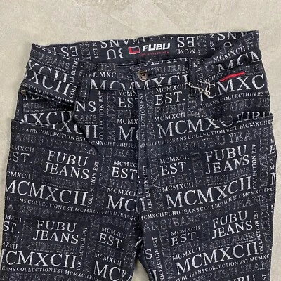 Y2K Vintage Fubu Jeans All Over Print Stretch Skinny Size 9/10 aop 28x30.5 Logo - Image 1 of 4