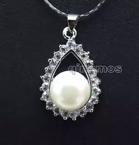 10-11mm White Flat Round natural Pearl 18*26mm Drop Pendant 17" necklace-6135 - Picture 1 of 7