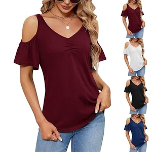 Womens Summer Shirts V Neck Cold Shoulder Tops Solid Casual Loose Blouse Tops - Picture 1 of 8