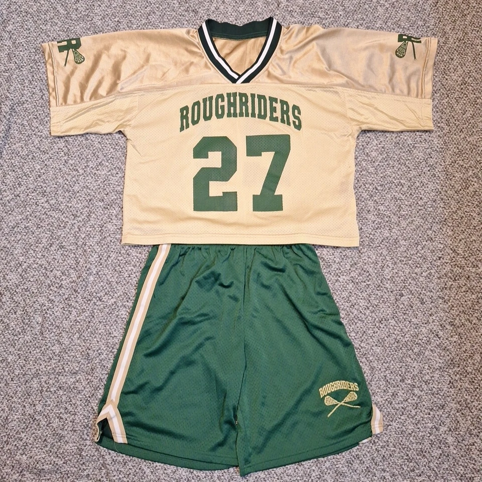Conjunto de Jersey y Pantalones Cortos de Lacrosse Roughriders Vintage Breakaway #27 Verde/Dorado Talla M Foto 1 de 4