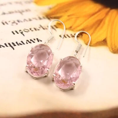 Pendientes enchapados en plata con piedras preciosas ovaladas de cuarzo kuncita rosa joyería 1,25" Foto 1 de 3
