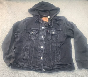 Levi's Damen Jacke XL schwarz Denim Kapuze Trucker Sweatshirt Ärmel Taschen - Bild 1 von 16