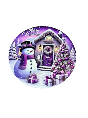 NEW round metal sign home novelty purple merry christmas snow man gifts tree - Image 1 of 2