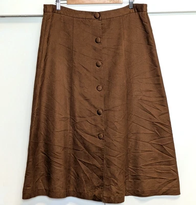 Vtg 90s does 70s Brown Faux Suede A-Line Midi Skirt w Buttons & Elastic Waist 18 - Image 1 of 4