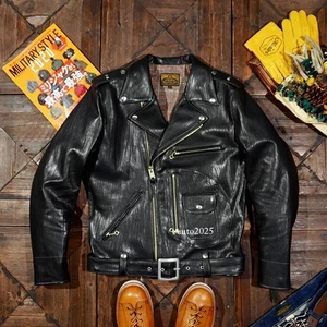 Mens Retro Veg-Tanned Cowhide Biker Jacket - Wrinkled Leather Motorcycle Coat - Picture 1 of 9