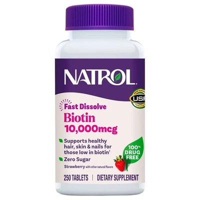 Natrol Biotin 10000 мкг 250 таблеток экстра прочность со вкусом клубники - Изображение 1 из 2