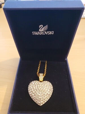 Retired 34” Swarovski Swan Pave Crystal Gold-plated Puffy Heart Necklace NEW - Image 1 of 4