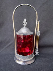 Antique Cranberry Glass Handpainted Victorian Pickle Castor with Tongs - Picture 1 of 12