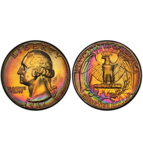 UNC 1961 25C Washington Silver Quarter, Vividly Rainbow Toned Cover
