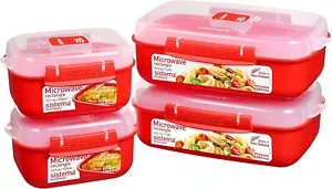 Sistema Food Containers Set of 4 Rectangular Heat & Eat Microwave Lid Red Clear - Picture 1 of 4