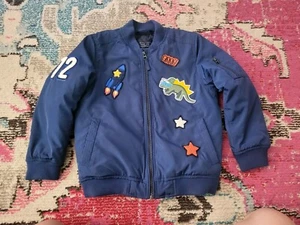 Next 82 boys size 5-6 years zip front blue patch patches bomber jacket coat GUC - Picture 1 of 3