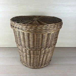 Vintage Wicker Rattan Blanket Storage Laundry Basket With Lid 15"x15"x15" - Picture 1 of 16