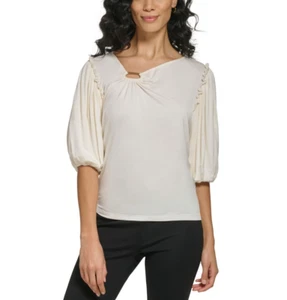 DKNY Women's Asymmetrical Puff-Sleeve Top Ivory Size M - Picture 1 of 1