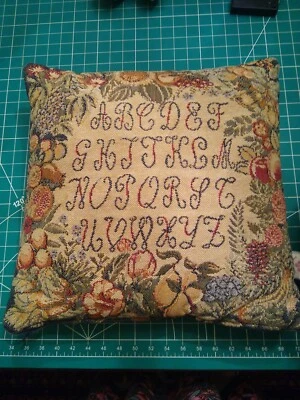 Vintage Accent Floral Fruit Alphabet Sampler Belgium Tapestry  13" Pillow Cover - Image 1 of 4