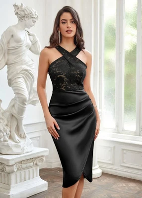 Vestido de cóctel para mujer semi formal estilo halter negro satinado encaje talla 12 NUEVO Foto 1 de 4