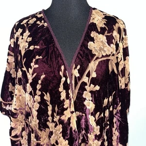 Womens Floral Velvet Kimono Cardigan One Size Burgundy Gold Open Front Boho Chic - Picture 1 of 8