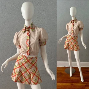 Vintage 60s 70s Plaid Mod 2 Pc Crop Mini Skirt Set Dress XS - Picture 1 of 13