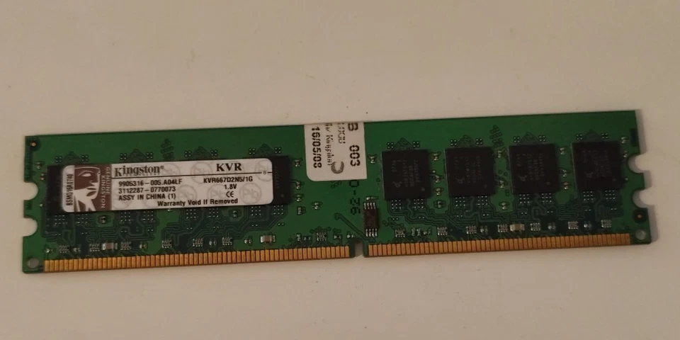 Memoria RAM DIMM Kingston 1GB PC2-5300 667Mhz 240 pin CL5 DDR2 KVR667D2N5/1G - Immagine 1 di 2