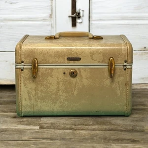 VTG Samsonite Luggage Cream Marble Vinyl Makeup Case Train - Picture 1 of 13