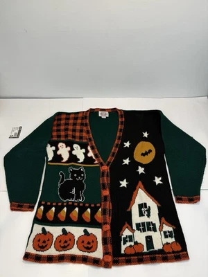 Chaleco Heartworks Vintage Halloween Grande Botón Calabaza Gato Fantasma Caramelo Sombrero EE. UU. Foto 1 de 4