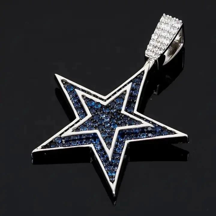 Colgante redondo de 1,20 quilates con dije de estrella de zafiro creado en laboratorio enchapado en oro blanco de 14 quilates para hombre Foto 1 de 1