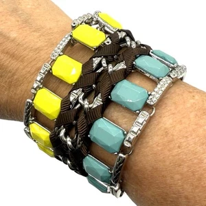 VTG Jessica Simpson Silver Gem Chunky Wide Bracelet 8"x2" Yellow Brown Blue - Picture 1 of 4