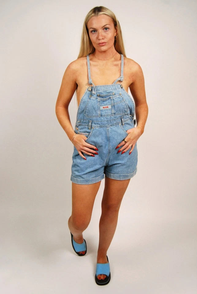 80s Shorts Overalls (S) small blue denim vintage lightwash bibs shortalls cuffed - Image 1 of 4