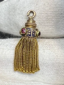 Victorian 14K Gold Ruby Blue Enamel Watch Chain Fob Tassel Fringes Pendant Charm - Picture 1 of 15