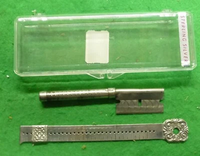 ANTIQUE 1894 SILVER SEWING GAUGE RULER PELOUZE Mfg Co. CHICAGO w/RAZOR rqqr - Image 1 of 4