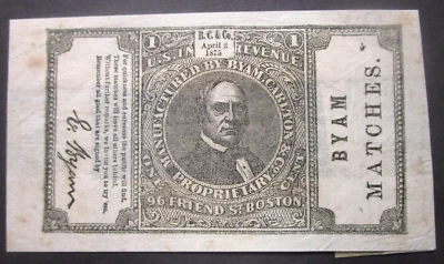 US # RO52 1 cent BYAM MATCHES Boston Mass Propriety Match stamp - Image 1 of 2