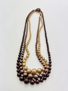 Vintage 3 tone Brown Beaded Triple Strand Necklace - 16" - Picture 1 of 9