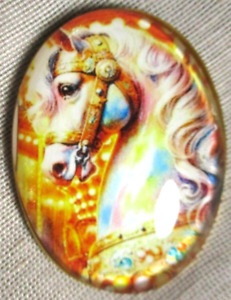 XL GLASS DOME PICTURE BUTTON - WHITE & PASTEL CAROUSEL HORSE #5 - 1-1/2 IN