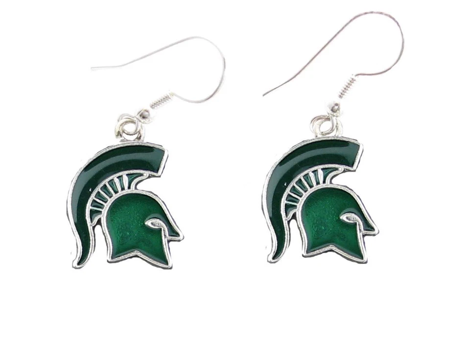 Michigan State Spartans Enamel Green Silver Charm Hook Wire Earring Jewelry MSU - Image 1 of 1