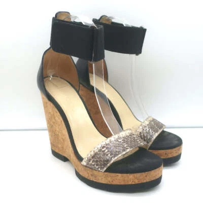 Sandalias de cuña de corcho Jimmy Choo Neston piel de serpiente y cuero negro talla 38,5 Foto 1 de 4