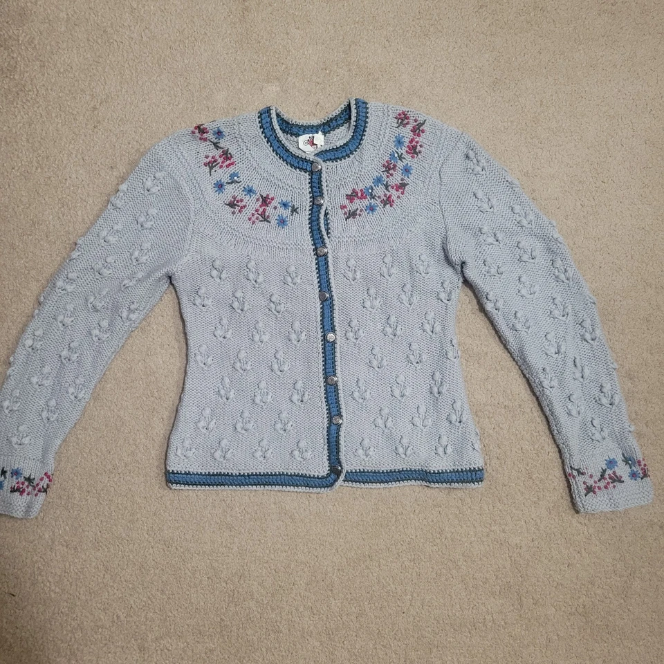 Vintage 1990s Gray Wool Popcorn Knit Sweater Cardigan White Flowers Jacket Lanz - Image 1 of 4
