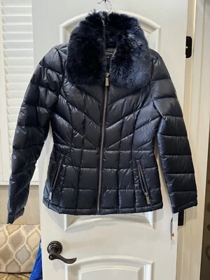 Kenneth Cole Puffer Jacket Navy Blue With Fox Fur Size M New With Tags $200.00 - Image 1 of 4