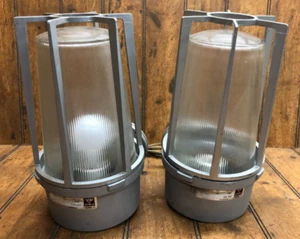 2 Vintage Red Dot L.E. Mason Exterior Safety Lights Lamps w/Cages VRB-301, 302 - Picture 1 of 7