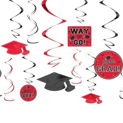 Graduation Red Black Foil Swirl 12 pc value pack hanging party decoration school - Image 1 of 4