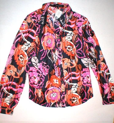 全新 全新带标签 $395 女式粉色格子呢 Camelia 真丝衬衫 2 花蓝色粉红色橙色  — 第 1/4 张图片